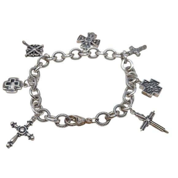 Sterling Silver 925 Cross Charm Bracelet – 8", 34.01g, Multiple Cross Designs - Picture 2 of 4